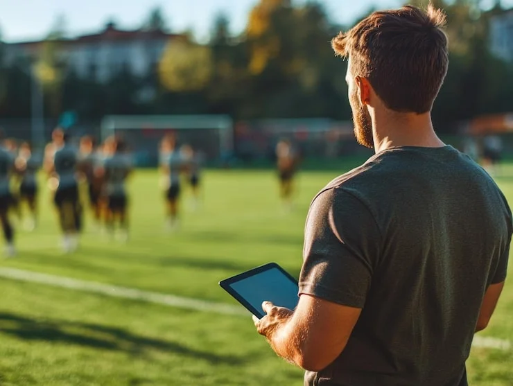 Preparador físico consultando os dados da sessão em um tablet à beira do campo